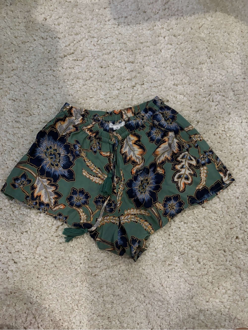 O'Neill Green Floral Tassel Tie Shorts with Navy Accents